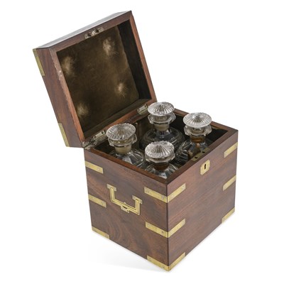 Lot 1146 - A 19TH-CENTURY BRASS-BOUND MAHOGANY TRAVELLING DECANTER BOX