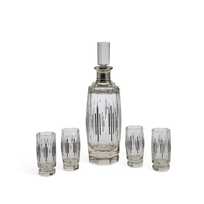 Lot 54 - A FRENCH SILVER-COLLARED GLASS DECANTER AND GLASSES SET