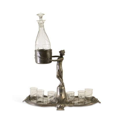 Lot 170 - WMF (WÜRTTEMBERGISCHE METALLWARENFABRIK), AN ART NOUVEAU PEWTER LIQUEUR SET
