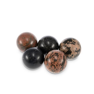 Lot 847 - A SET OF FIVE VICTORIAN POLISHED HARDSTONE CARPET BOWLS