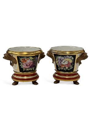 Lot 97 - A PAIR OF ENGLISH PORCELAIN CACHEPOTS AND STANDS
