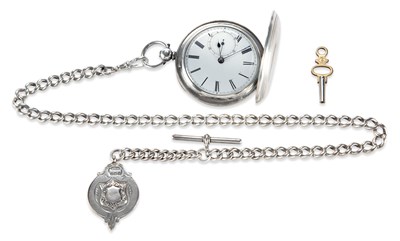 Lot 481 - A SILVER FULL HUNTER POCKET WATCH AND ALBERT CHAIN