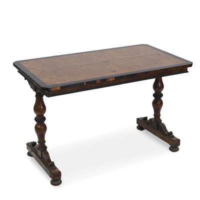 Lot 1115 - A 19TH CENTURY POLLARD OAK AND COROMANDEL LIBRARY TABLE