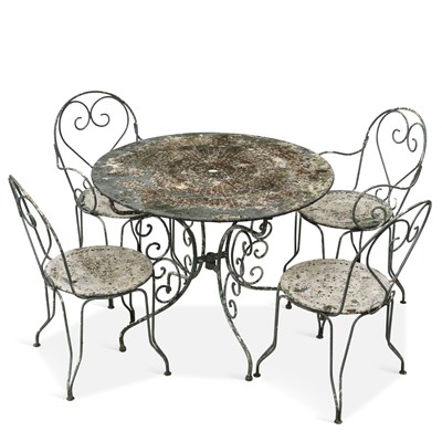Lot 1003 - A PAINTED WROUGHT IRON GARDEN TABLE AND FOUR CHAIRS