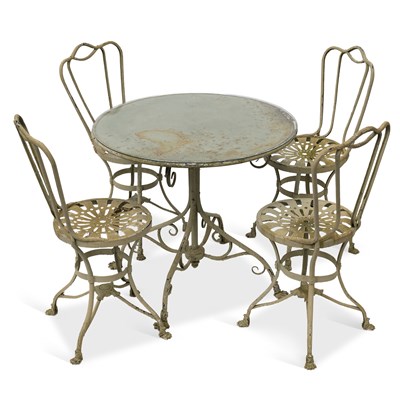 Lot 1001 - A PAINTED WROUGHT IRON GARDEN TABLE AND FOUR CHAIRS
