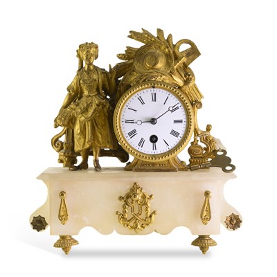 Lot 848 - A FRENCH GILT SPELTER AND ALABASTER FIGURAL MANTEL TIMEPIECE