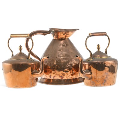 Lot 159 - A COPPER MEASURING JUG AND TWO COPPER KETTLES