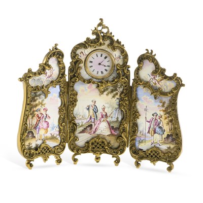 Lot 801 - A CONTINENTAL GILT-METAL AND ENAMEL TRIPTYCH MANTEL CLOCK