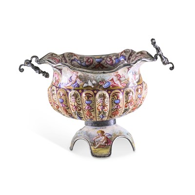 Lot 820 - A VIENNESE SILVER AND ENAMEL TWO-HANDLED BOWL