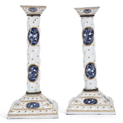 Lot 135 - A PAIR OF STAFFORDSHIRE ENAMEL CANDLESTICKS