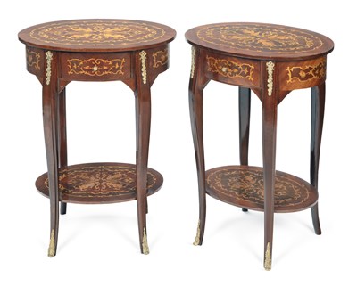 Lot 920 - A PAIR OF MARQUETRY OVAL OCCASIONAL TABLES