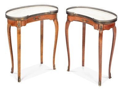 Lot 932 - A PAIR OF MARBLE-TOPPED KIDNEY-SHAPED OCCASIONAL TABLES
