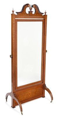 Lot 968 - AN EDWARDIAN MARQUETRY INLAID MAHOGANY CHEVAL MIRROR