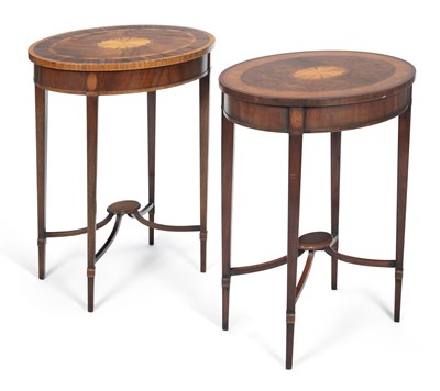 Lot 938 - A NEAR PAIR OF EDWARDIAN INLAID MAHOGANY OVAL OCCASIONAL TABLES