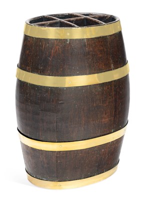 Lot 862 - AN OAK AND BRASS BOUND BARREL STICK STAND