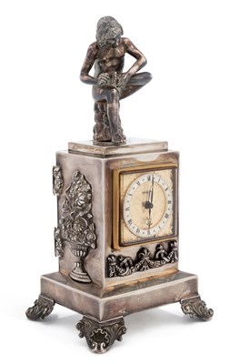 Lot 216 - A SPANISH SILVER-CASED FIGURAL MANTEL CLOCK