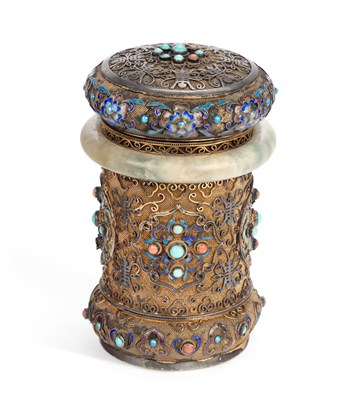 Lot 192 - A CHINESE SILVER FILIGREE, ENAMEL AND JADE BOX AND COVER
