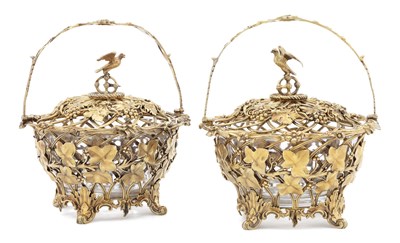 Lot 350 - A PAIR OF VICTORIAN SILVER GILT-MOUNTED GLASS SWEETMEAT BASKETS
