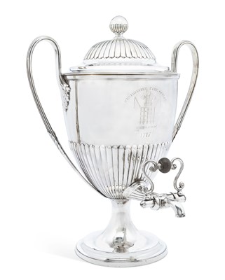 Lot 380 - A LARGE GEORGE III SILVER PRESENTATION TWO-HANDLED WATER URN OR SAMOVAR