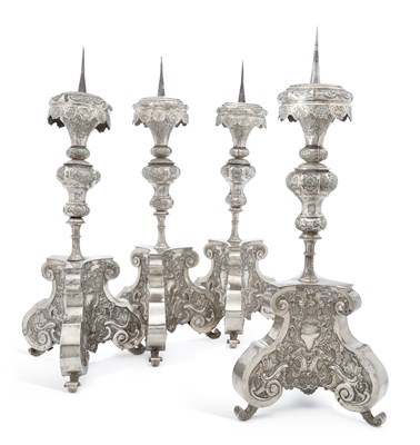 Lot 220 - A SET OF FOUR GERMAN SILVER ALTAR CANDLE STANDS/ CANDLESTICKS