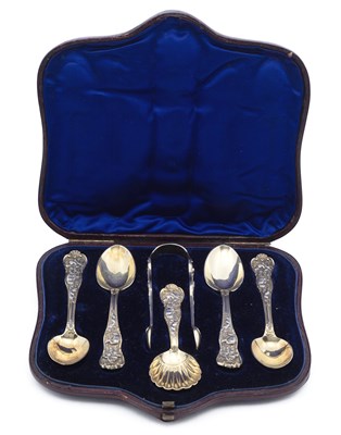 Lot 231 - A CONTINENTAL CASED SET OF SILVER AND SILVER-GILT TEASPOONS, CADDY SPOON AND SUGAR TONGS