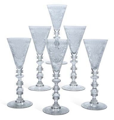 Lot 62 - A SET OF SIX ENGRAVED GLASS GOBLETS IN THE 18TH CENTURY TASTE
