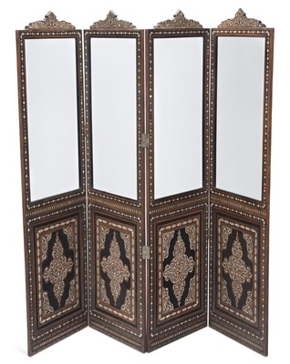 Lot 917 - A SYRIAN MOTHER-OF-PEARL AND ABALONE INLAID FOUR-FOLD SCREEN
