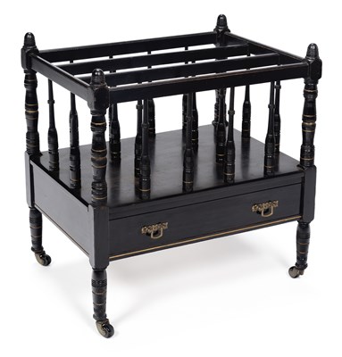 Lot 944 - AN AESTHETIC MOVEMENT EBONISED CANTERBURY