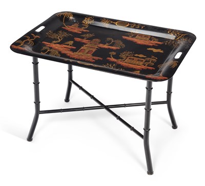 Lot 908 - A TOLEWARE TRAY ON STAND
