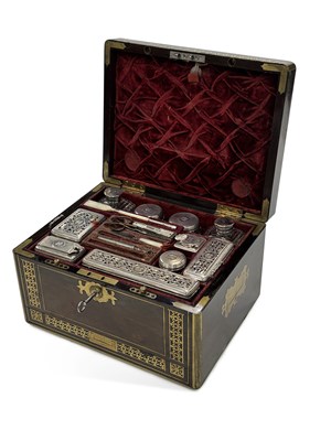 Lot 976 - A GEORGE IV BRASS INLAID ROSEWOOD DRESSING CASE
