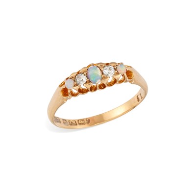 Lot 647 - AN 18 CARAT GOLD OPAL AND DIAMOND BOAT RING