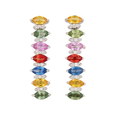Lot 510 - A PAIR OF 9 CARAT WHITE GOLD VARI-COLOURED SAPPHIRE AND DIAMOND PENDANT EARRINGS