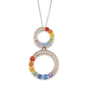 Lot 526 - A 9 CARAT WHITE GOLD VARI-COLOUR SAPPHIRE AND DIAMOND PENDANT NECKLACE
