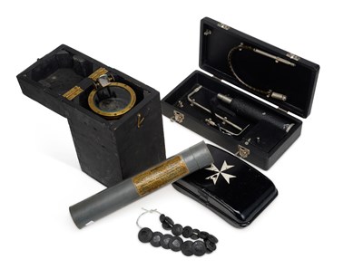 Lot 13 - AN AIR MINISTRY HAND HELD COMPASS TOGETHER WITH A HYDROMETER, A TIN AND CASED INSTRUMENT