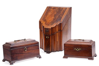 Lot 978 - A GEORGE III MAHOGANY KNIFE BOX AND TWO TEA CADDIES