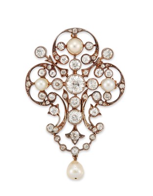 Lot 650 - A BELLE EPOQUE DIAMOND AND PEARL PENDANT BROOCH