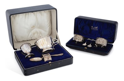 Lot 359 - A LATE VICTORIAN SILVER PAIR OF SALTS, TOGETHER WITH A GEORGE V SILVER CHRISTENING SET