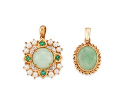 Lot 580 - TWO 9 CARAT GOLD JADE PENDANTS