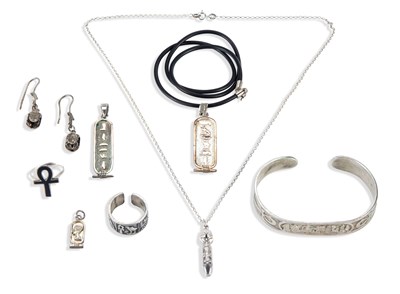 Lot 542 - A COLLECTION OF SILVER EGYPTIAN REVIVAL JEWELLERY