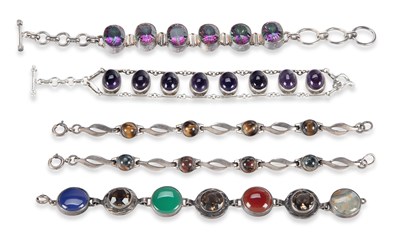 Lot 539 - FIVE SILVER GEM-SET BRACELETS