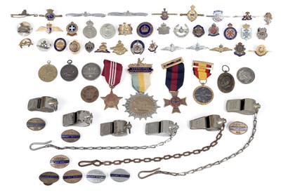 Lot 17 - A GROUP OF MEDALS, BADGES AND WHISTLES
