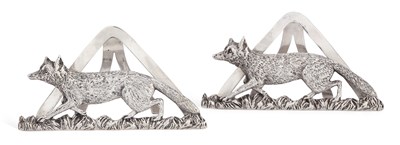 Lot 332 - A PAIR OF VICTORIAN SILVER FOX MENU HOLDERS