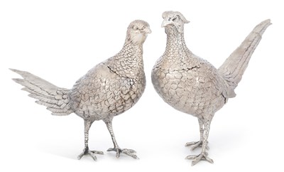 Lot 218 - A PAIR OF GERMAN SILVER MODELS OF PHEASANTS