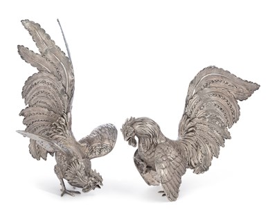 Lot 226 - A PAIR OF CONTINENTAL SILVER FIGHTING COCKERELS