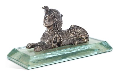 Lot 177 - A 19TH CENTURY ENGLISH SILVER-PLATED SPHINX PAPERWEIGHT
