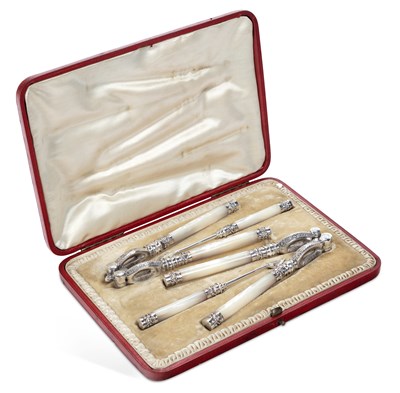 Lot 351 - A LATE VICTORIAN SILVER AND MOTHER-OF-PEARL CASED NUTCRACKER SET