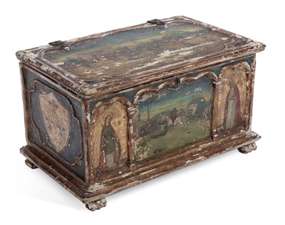 Lot 937 - A PAINTED AND PARCEL GILT CASKET IN THE ITALIAN RENAISSANCE TASTE