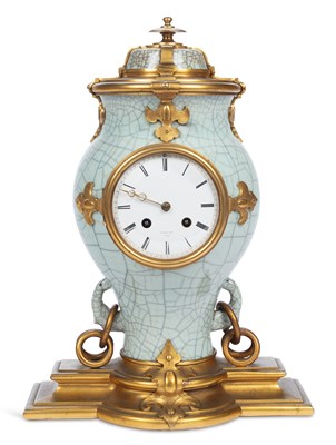 Lot 846 - A FRENCH ORMOLU-MOUNTED CHINESE CRACKLE GLAZED PORCELAIN MANTEL CLOCK