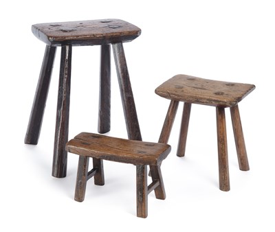 Lot 949 - THREE ELM AND ASH COUNTRY STOOLS