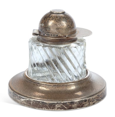 Lot 243 - AN ELIZABETH II SILVER-MOUNTED NOVELTY GLASS INKWELL ON STAND